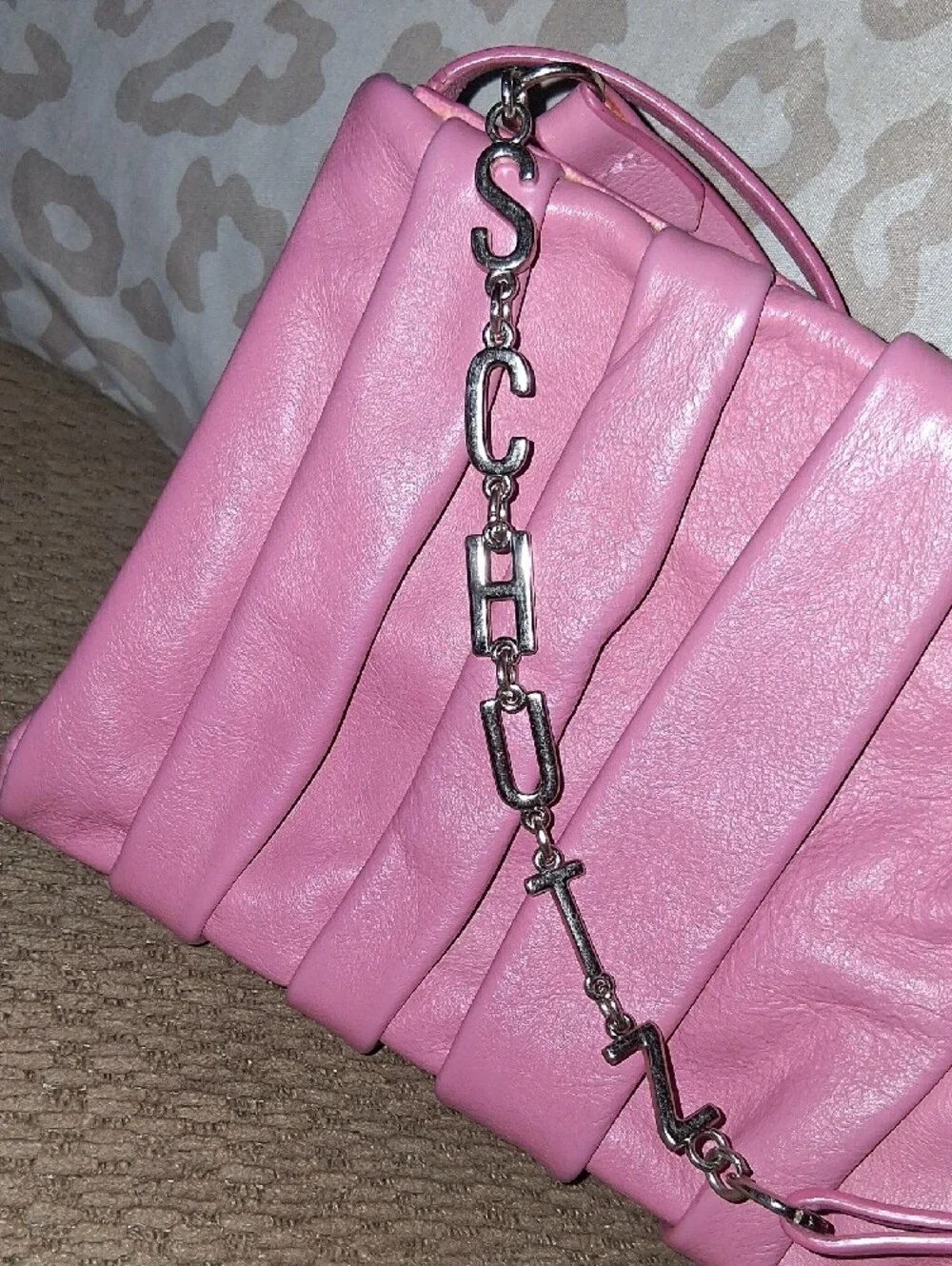 Schutz Pink Leather Pleated Crossbody Bag with Chain Accent